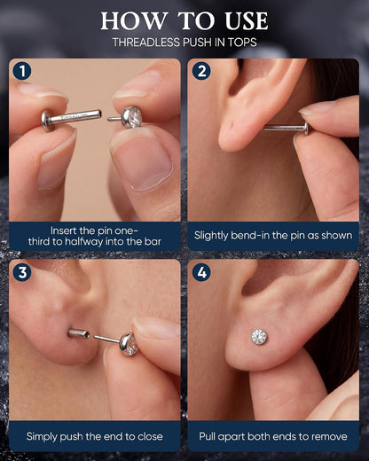 2Pcs Implant Titanium Threadless Flat Back 5A CZ Stud Earrings