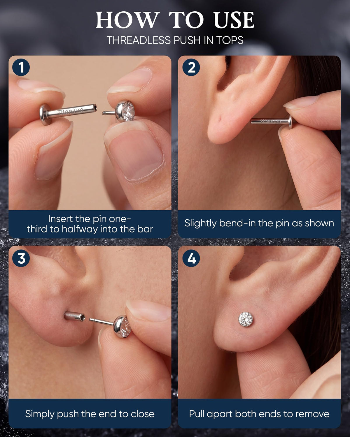 2Pcs Implant Titanium Threadless Flat Back 5A CZ Stud Earrings