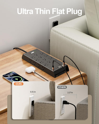 Surge Protector Power Strip 4800J, LeZone 10Ft Long Extension Cord Flat Plug, 20 Outlets 4 USB-A 4 USB-C Ports, Wall Mountable, Home Office Dorm Essentials, Black