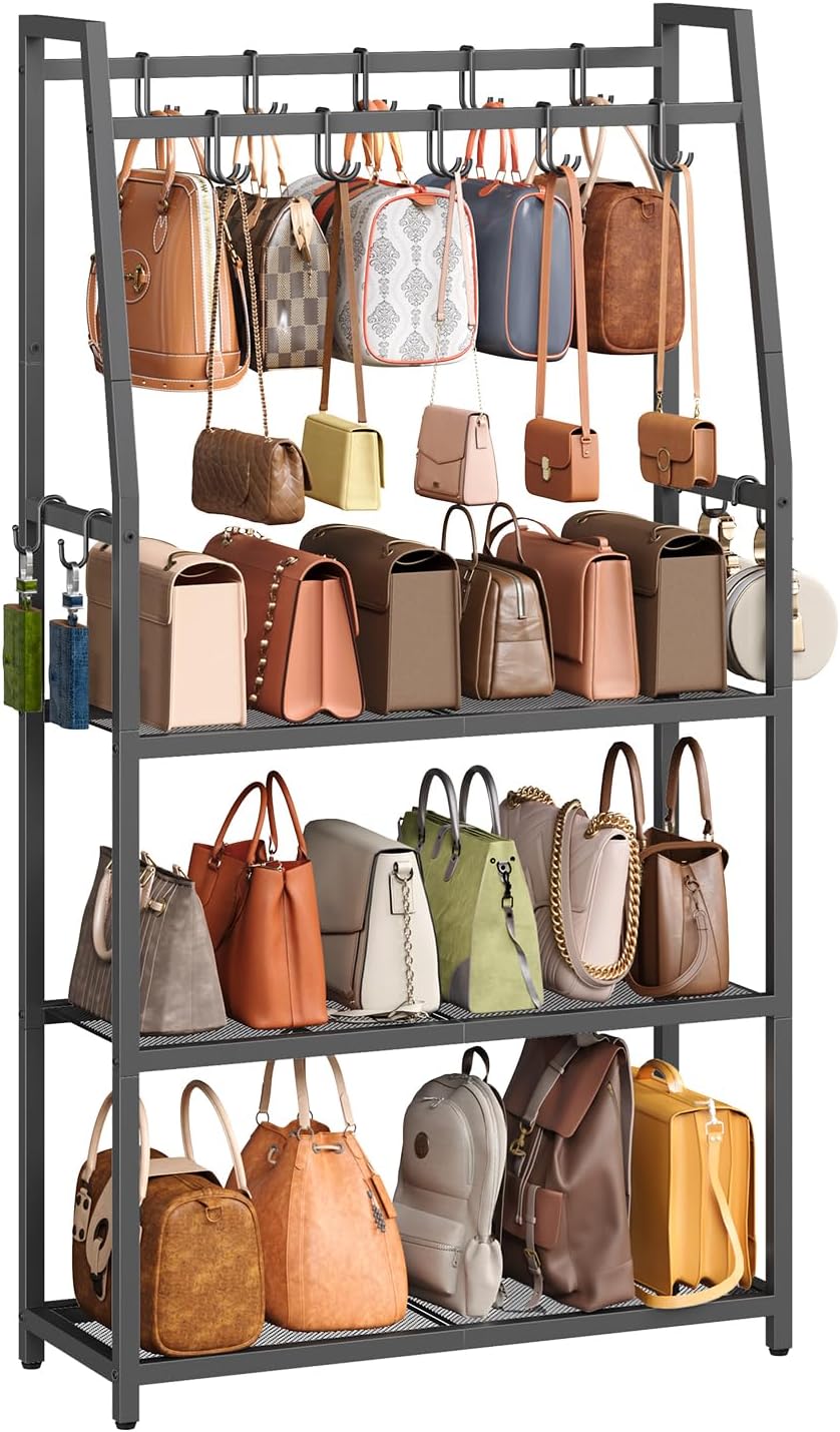 HOOBRO 3-Tier Purse Organizer for Closet, Purse Rack Stand with 14 Hooks