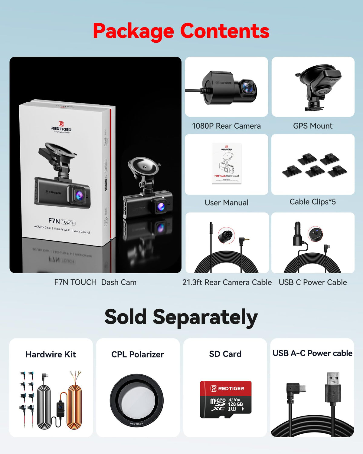 REDTIGER 4K STARVIS 2 Dashcam Front Rear, 5GHz WiFi 20MB/s, Free 128GB Card