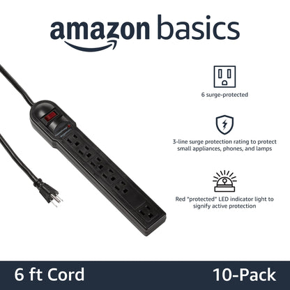 Amazon Basics Surge Protector Power Strip, 6-Outlet, 790 Joules, Circuit Breaker, LED Indicator, 6ft Extension Cord, White