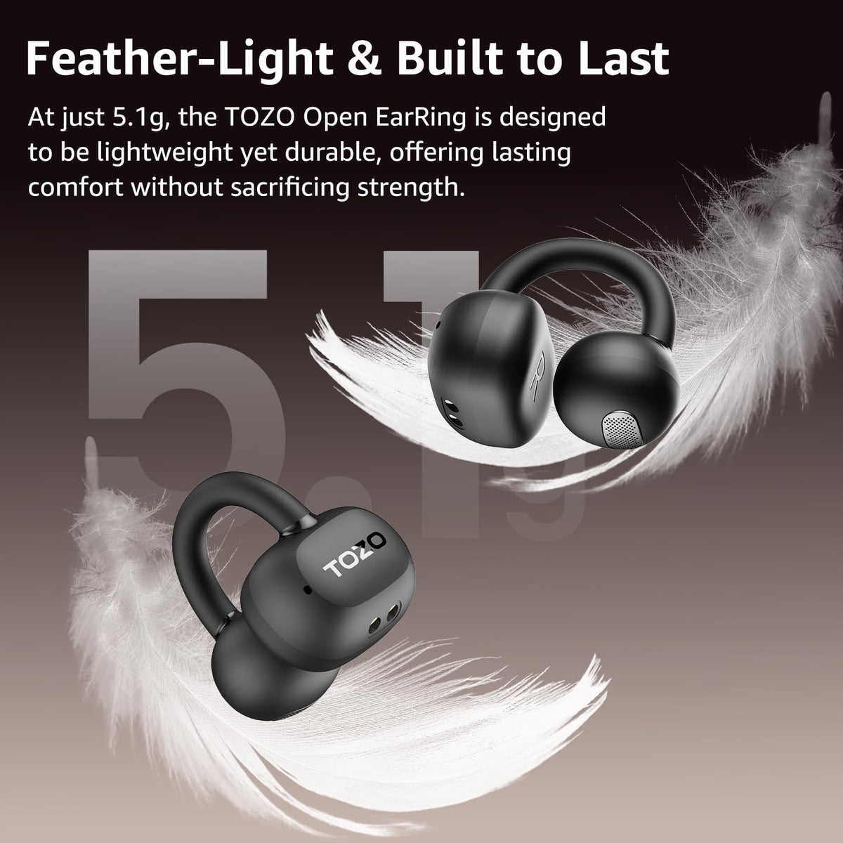 TOZO OpenEarRing Open Ear Earbuds 40H Bluetooth 5.4 Lightweight Comfort