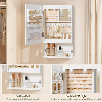 HOOBRO Wall Mounted Jewelry Cabinet, LED Jewelry Armoire with Interior Mirror, Hanging Jewelry Organizer for Wall, Lockable Jewelry Storage Cabinet, 3.9 x 11.8 x 20.9 Inches, White