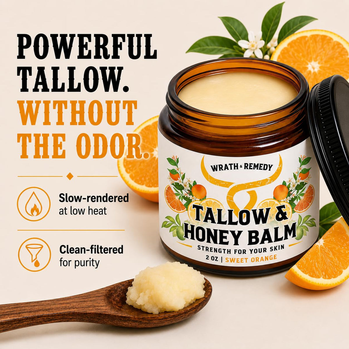 Wrath & Remedy Beef Tallow and Honey Balm, Handcrafted, Unscented, 4 oz
