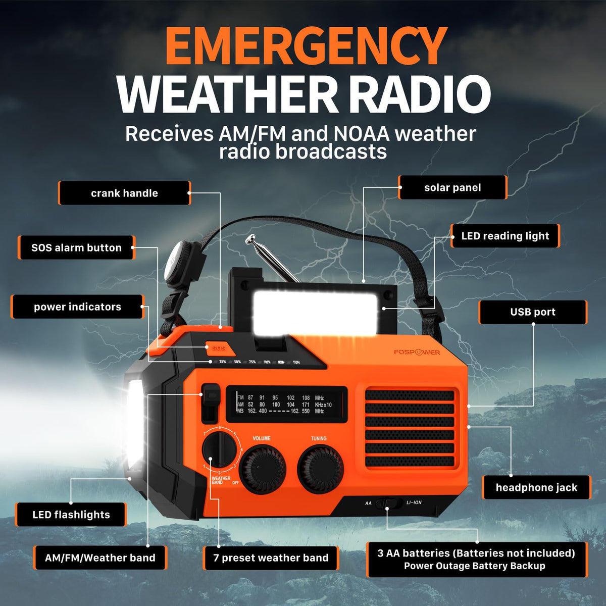 FosPower NOAA Emergency Weather Radio D8 37000mWh Portable Power Bank, AM/FM, USB/Solar/Hand Crank Charging, SOS Alarm & Flashlight for Indoor/Outdoor Emergency - Orange
