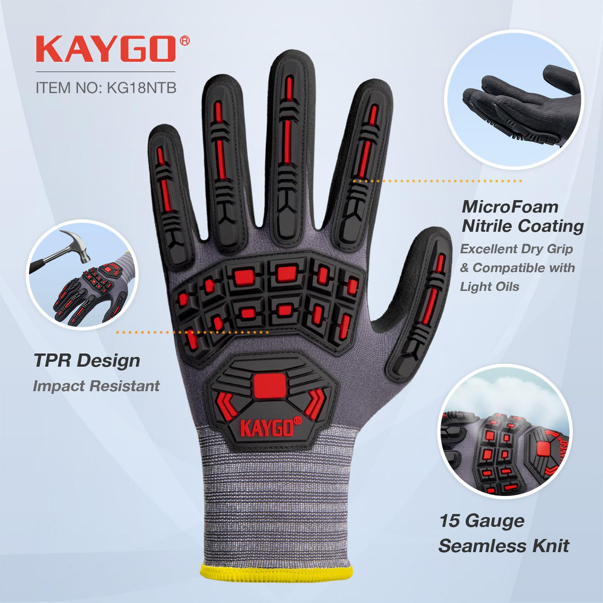 KAYGO Safety Work Gloves MicroFoam Nitrile Coated 12 Pairs, KG18NH