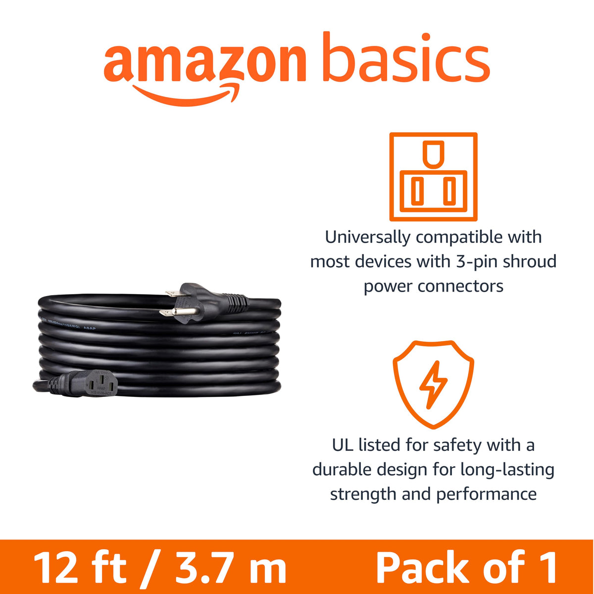 Amazon Basics Replacement Power Cord for Computer, Monitor, TV, Printer, PC, 3 Prong, 18 AWG, 125 Volts, 10 Feet, Black