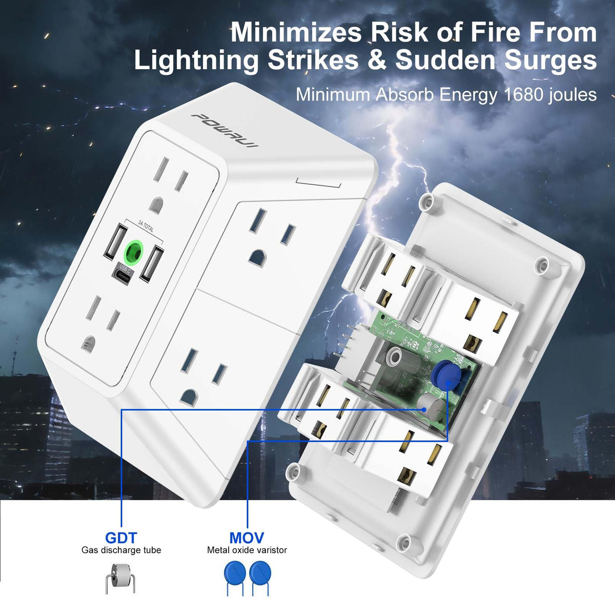 Multi Plug Wall Outlet Night Light, POWRUI 6 Outlet Extender & 3 USB Ports