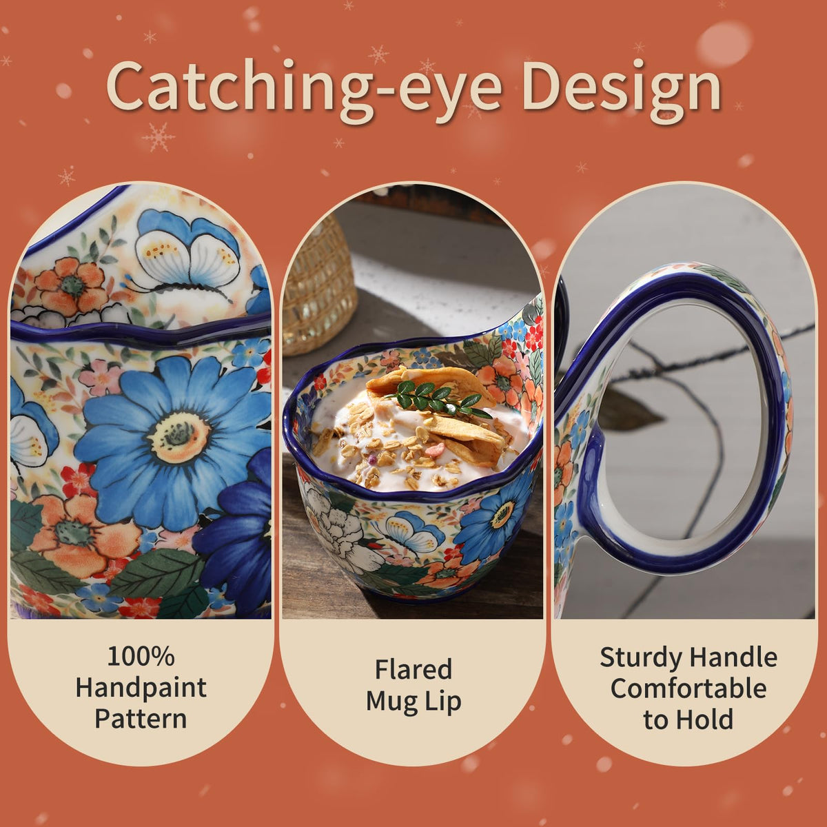ALMA Handpainted Soup Bowl with Large Loop Handle,Easier Secure Grip