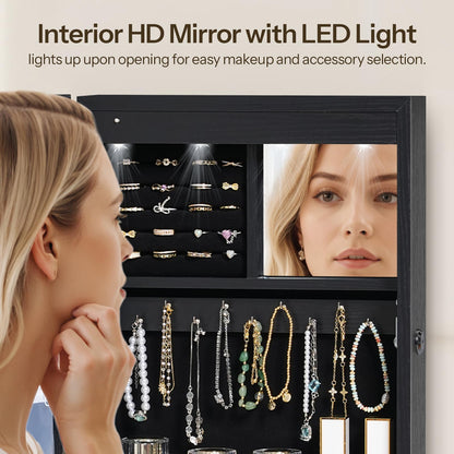 HOOBRO Wall Mounted Jewelry Cabinet, LED Jewelry Armoire with Interior Mirror, Hanging Jewelry Organizer for Wall, Lockable Jewelry Storage Cabinet, 3.9 x 11.8 x 20.9 Inches, White