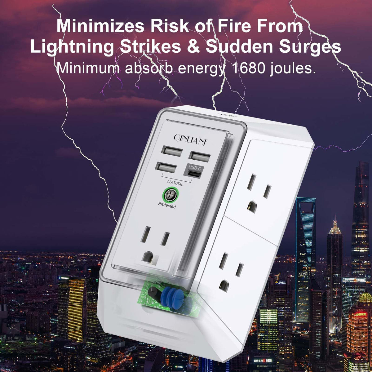 Surge Protector, QINLIANF 5 Outlet Extender with 4 USB Ports(2USB-C)