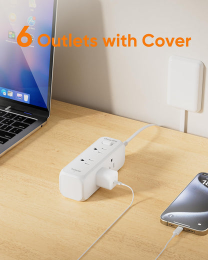 Split Extension Cord with Outlet Cover (10FT, Dual 5FT), Flat Plug Power Strip with 6 Outlets and 3 USB Ports, Outlet Extender for Tight Spaces