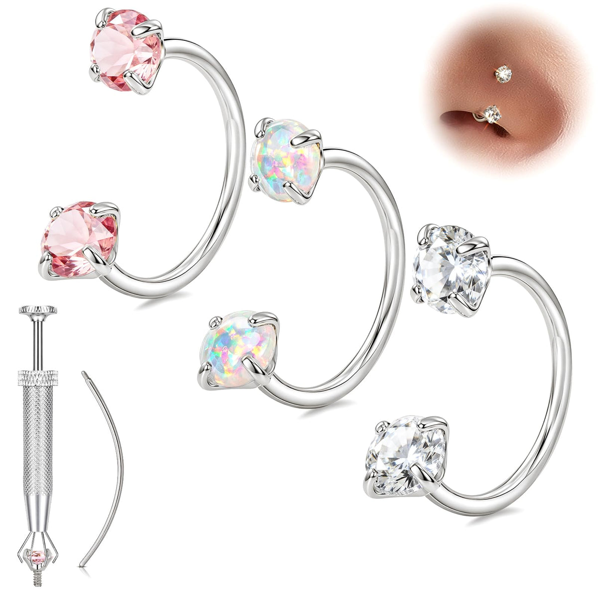 Horseshoe Nose Ring 20g 18g Gold Silver Opal CZ Double Gem Nose Rings Studs for Women Men 7mm 8mm Hypoallergenic Hoop Earrings Cartilage Helix Tragus Nostril Septum Daith Piercing Jewelry