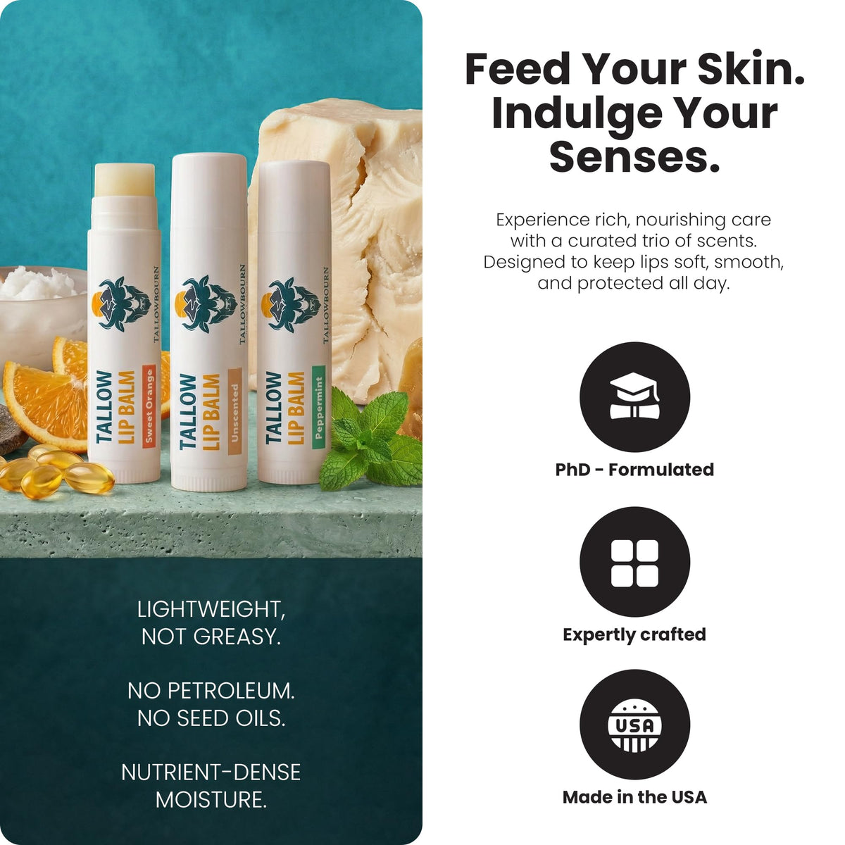 Moisturizing Grass-Fed Beef Tallow Lip Balm 3pk – Sweet Orange