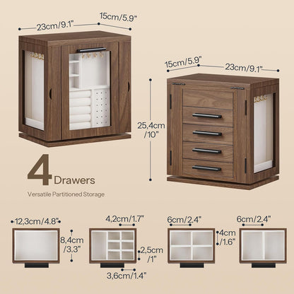 HOOBRO 360° Rotating Jewelry Box with Mirror, Wooden Jewelry Organizer Box