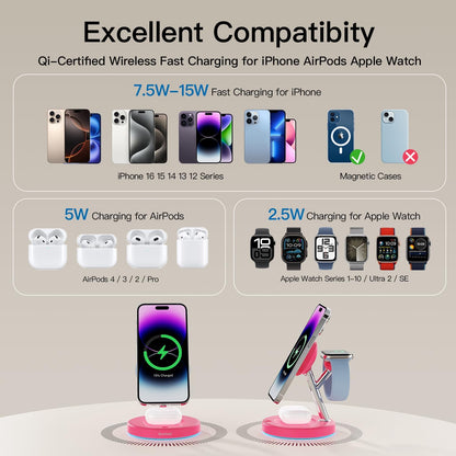 【Adjustable Blue Ambient Light】 Wireless Charger 3 in 1 for iPhone, Magnetic Charging Station for Apple Family,15W Fast MagSafe Charger Stand,for iPhone17-12-iWatch AirPods Series