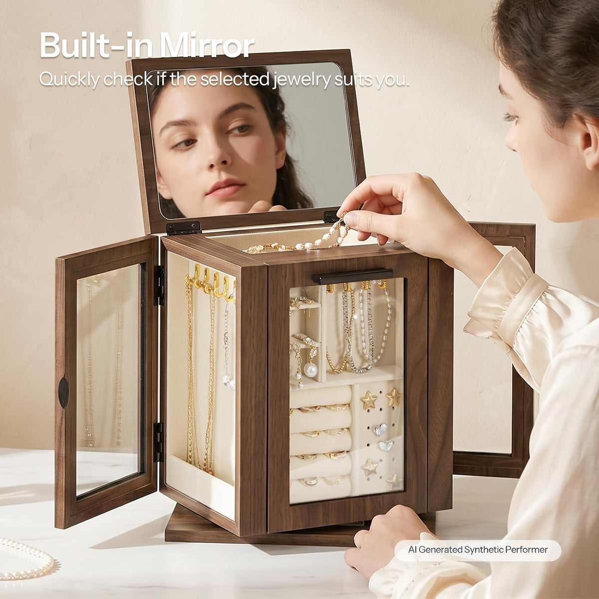 HOOBRO 360° Rotating Jewelry Box with Mirror, Wooden Jewelry Organizer Box