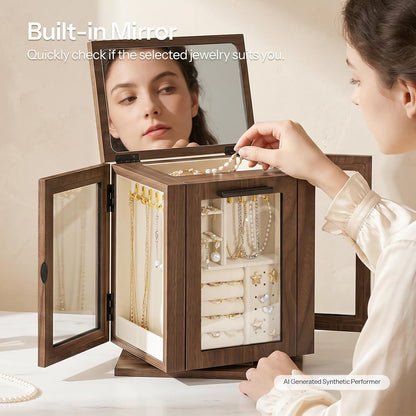 HOOBRO 360° Rotating Jewelry Box with Mirror, Wooden Jewelry Organizer Box