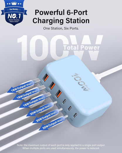 USB Fast Charger Block 50% Smaller 100W Max 6-Port GaN USB Charging Station