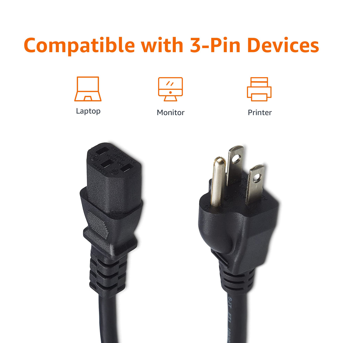Amazon Basics Replacement Power Cord for Computer, Monitor, TV, Printer, PC, 3 Prong, 18 AWG, 125 Volts, 10 Feet, Black