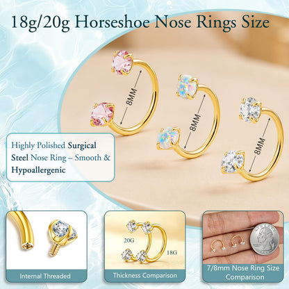 Horseshoe Nose Ring 20g 18g Gold Silver Opal CZ Double Gem Nose Rings Studs for Women Men 7mm 8mm Hypoallergenic Hoop Earrings Cartilage Helix Tragus Nostril Septum Daith Piercing Jewelry