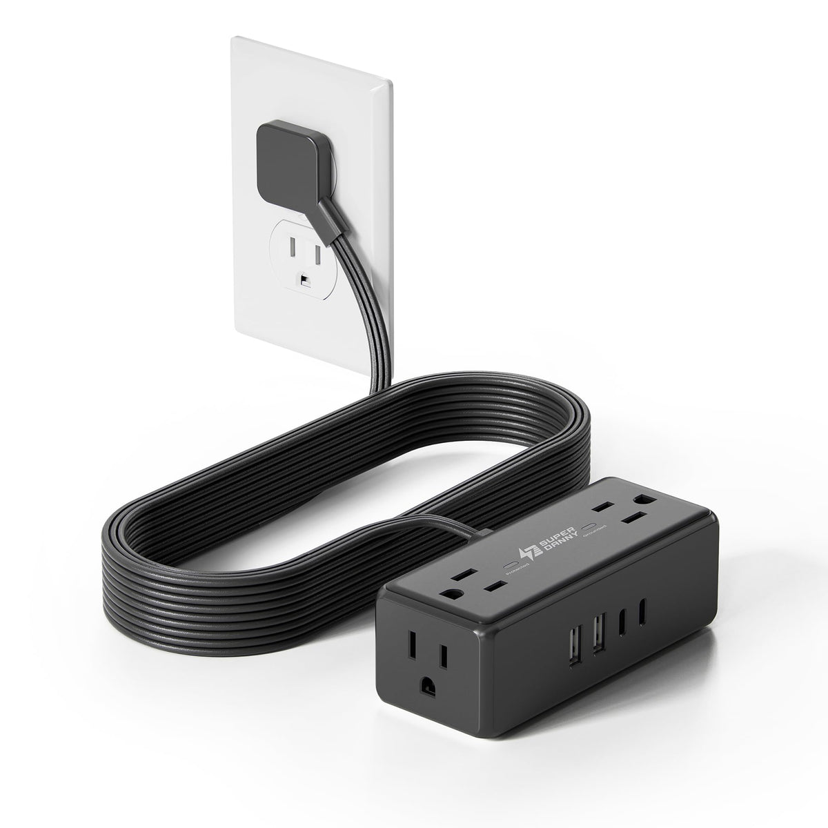 10Ft Long Extension Cord, SUPERDANNY Flat Plug Surge Protector Power Strip