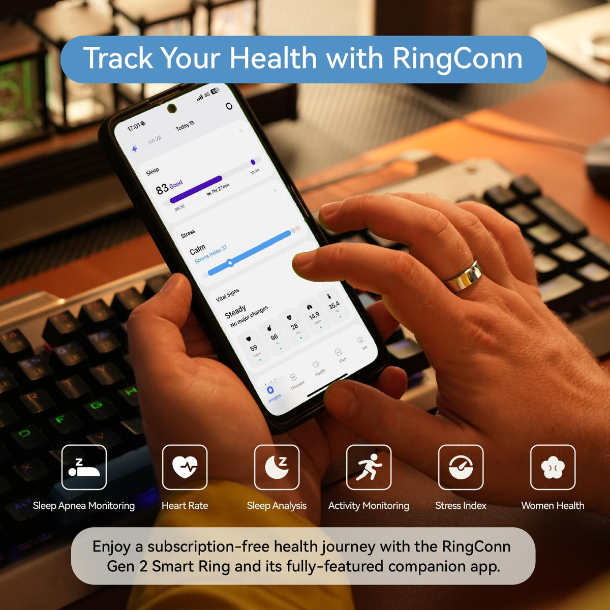 RingConn Gen 2 Smart Ring - Sleep Apnea Monitoring(Black, Size 9)