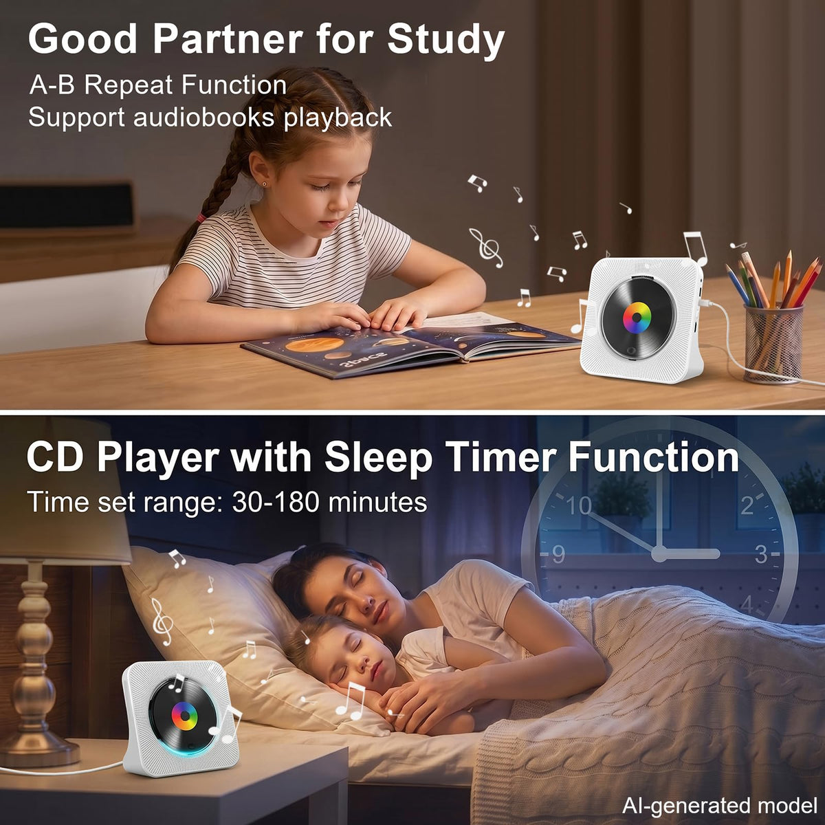 Gueray CD Player Portable Bluetooth Desktop CD Player for Home (Black)