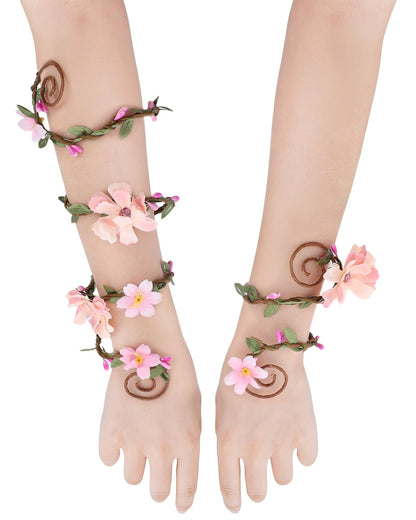 FRESHME Renaissance Costume Flower Arm Wraps - 2 Pcs Fairy Accessories Elf Bracelet with Wrap Ring Woodland Renfaire Outfit