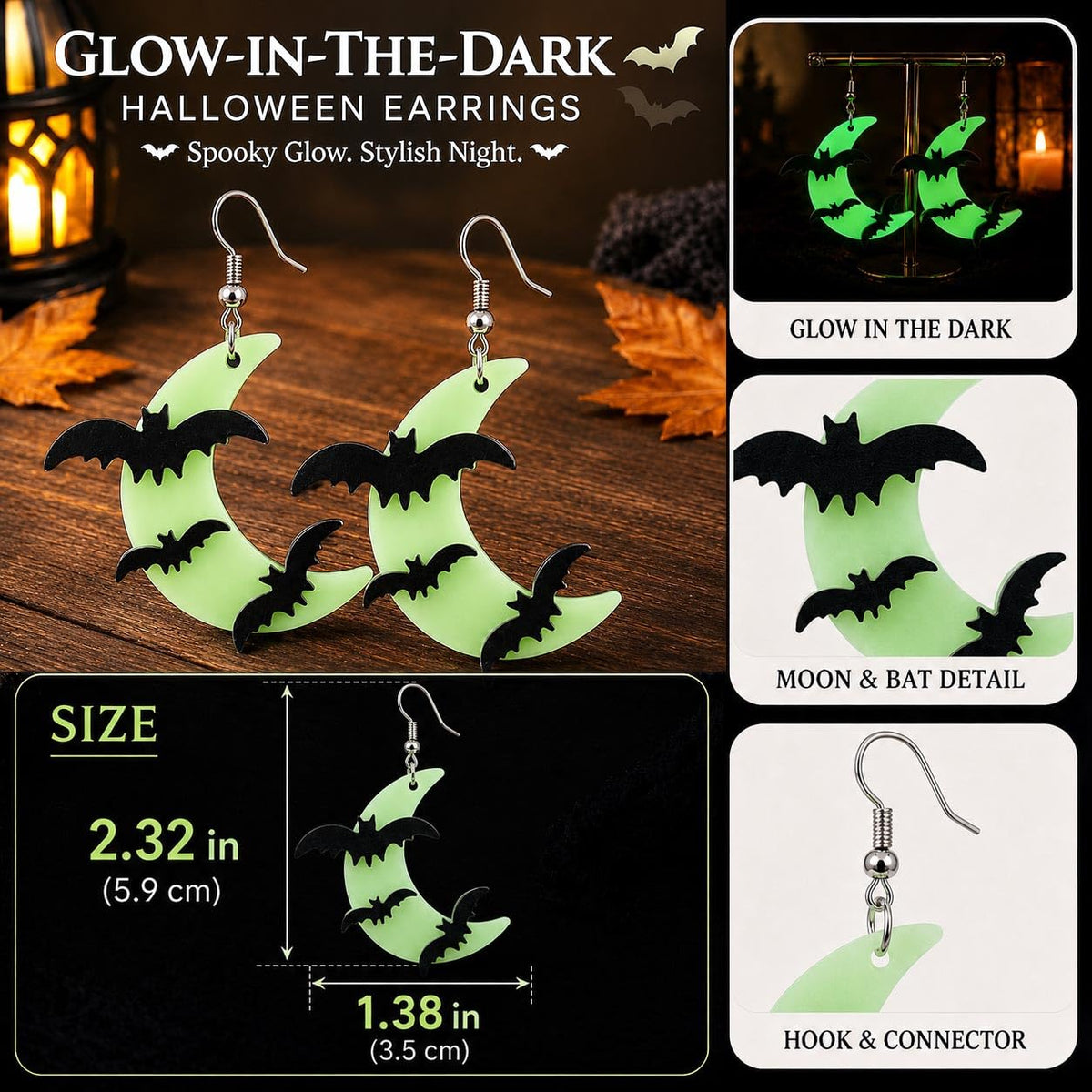 Glow in the Dark Halloween Earrings, Bat Ghost Coffin Boo Dangle Earrings