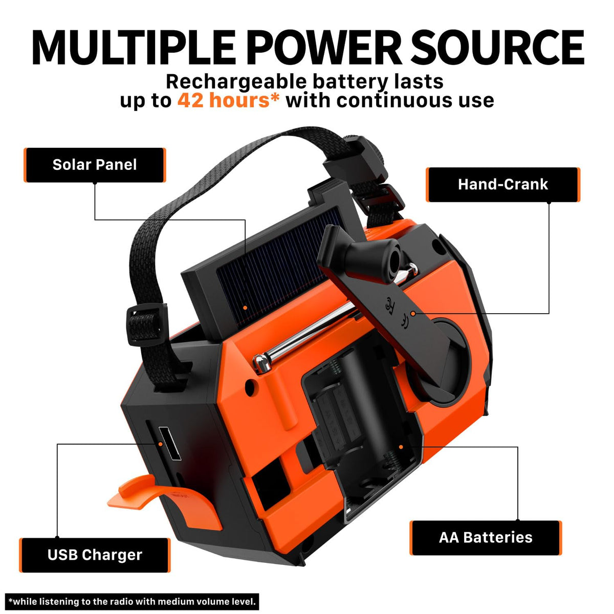 FosPower NOAA Emergency Weather Radio D8 37000mWh Portable Power Bank, AM/FM, USB/Solar/Hand Crank Charging, SOS Alarm & Flashlight for Indoor/Outdoor Emergency - Orange