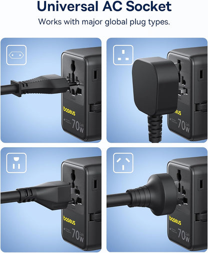 Baseus 70W Universal Travel Adapter, 6-in-1 International Plug Adapter
