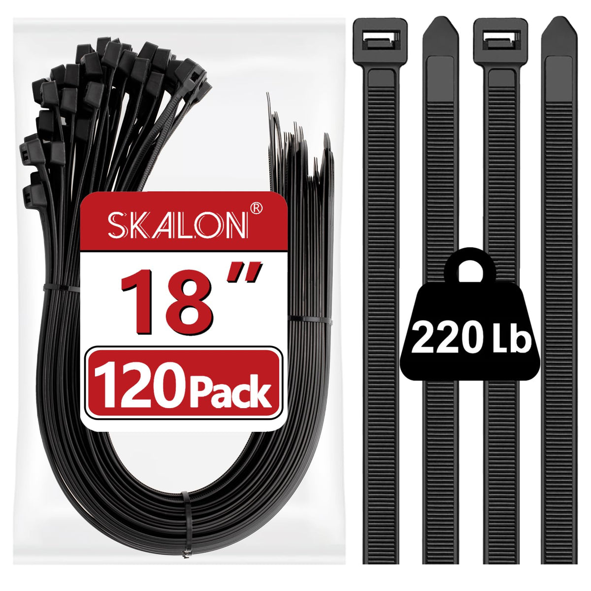Zip Ties 8 inch (100 Pack), 40lbs Tensile Strength, Black Cable Ties, Wire Ties for indoor and outdoor use, by Skalon