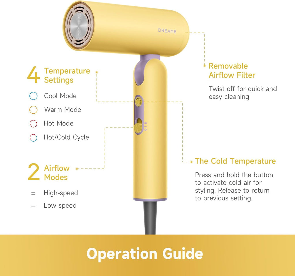 Dreame Pocket Cake Dual Voltage Hair Dryer with Diffuser, Travel Blow Dryer