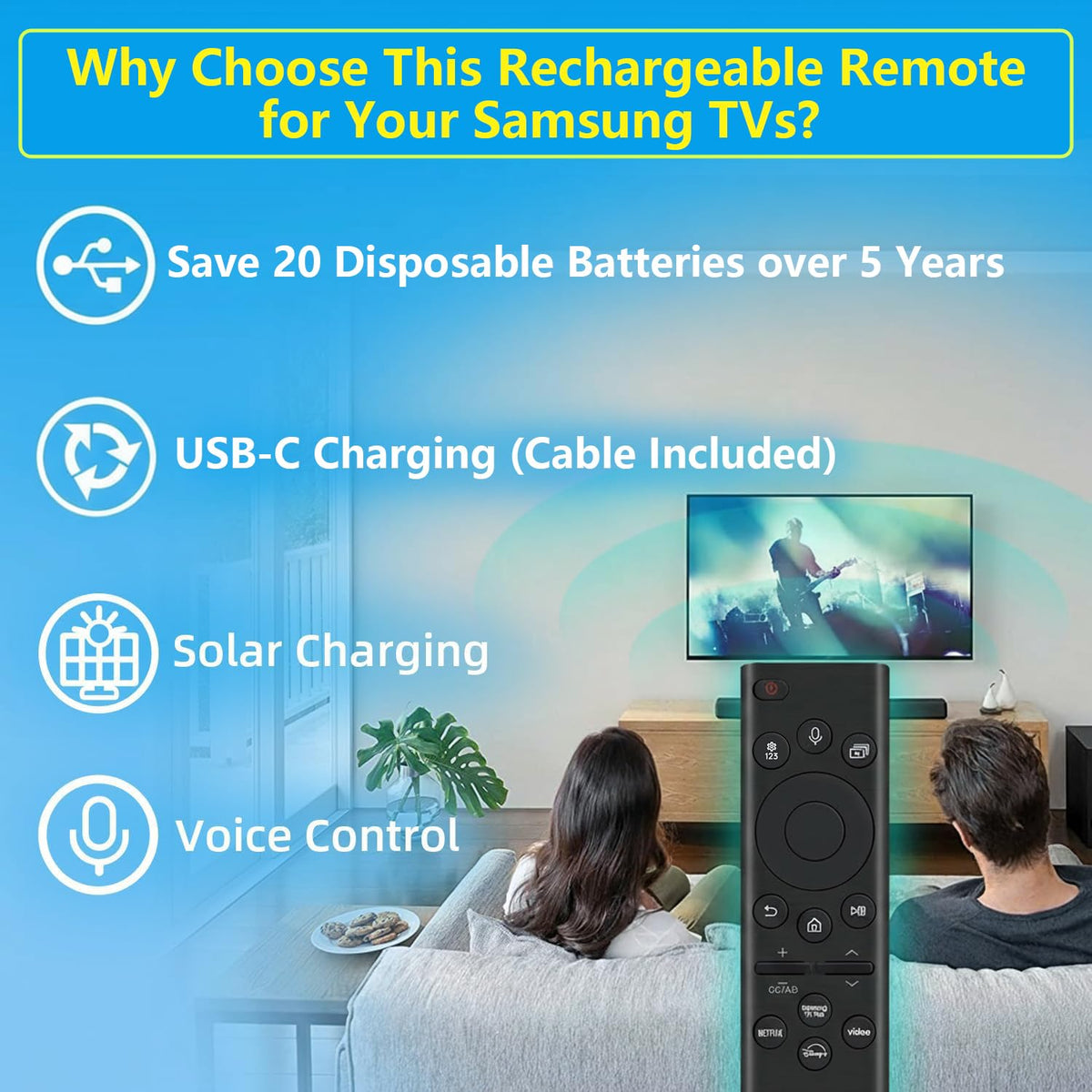 Rechargeable TV Remote for Samsung Smart TVs. Replacement Voice Remote.
