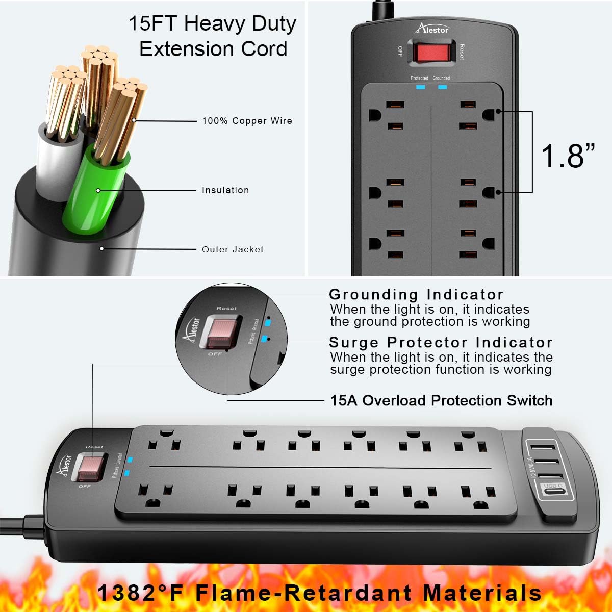 ALESTOR 10 Ft Surge Protector Power Strip with 12 Outlets and 4 USB Ports