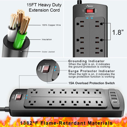 ALESTOR 10 Ft Surge Protector Power Strip with 12 Outlets and 4 USB Ports