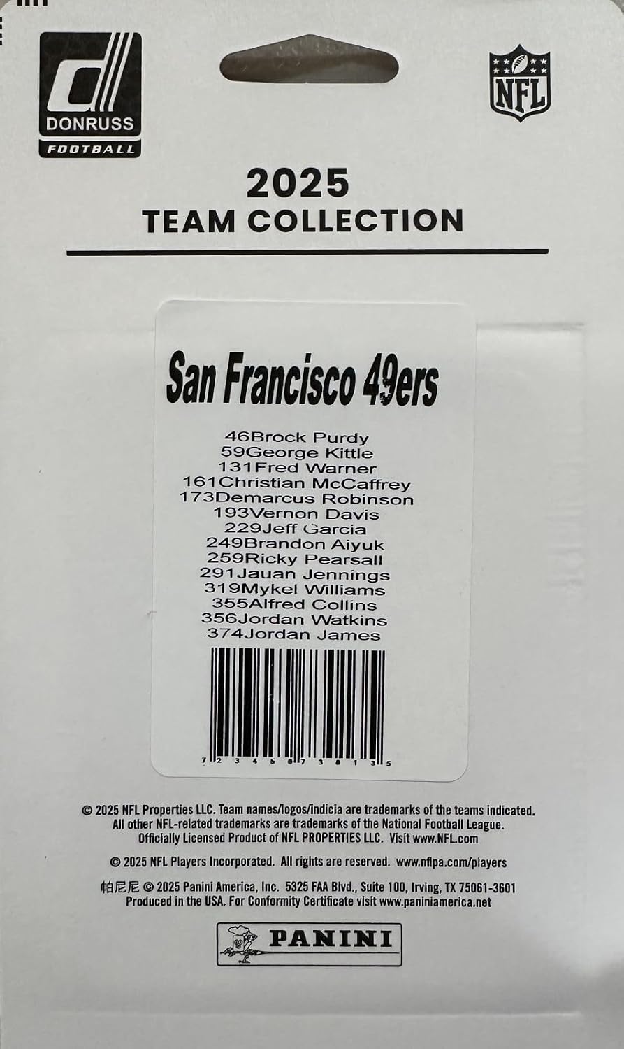 San Francisco 49ers 2025 Donruss Factory Sealed 14 Card Team Set Featuring Brock Purdy, Christian McCaffrey and George Kittle Plus Mykel Williams, Alfred Collins, Jordan Watkins and James Rookies