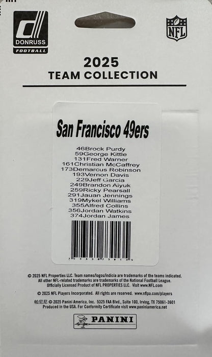 San Francisco 49ers 2025 Donruss Factory Sealed 14 Card Team Set Featuring Brock Purdy, Christian McCaffrey and George Kittle Plus Mykel Williams, Alfred Collins, Jordan Watkins and James Rookies