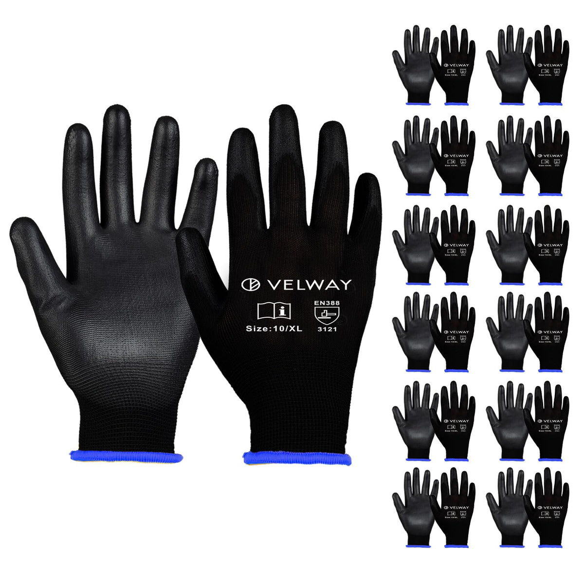 Velway 12 Pairs Work Gloves PU Coated for Men Women, Red, Size 9/L