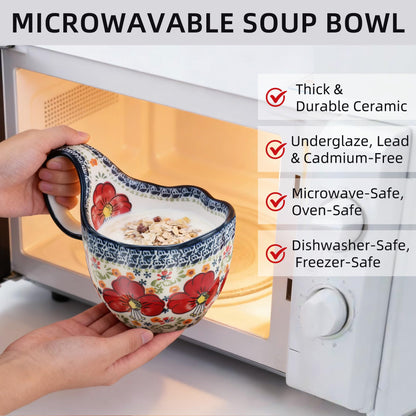 ALMA Handpainted Soup Bowl with Large Loop Handle,Easier Secure Grip