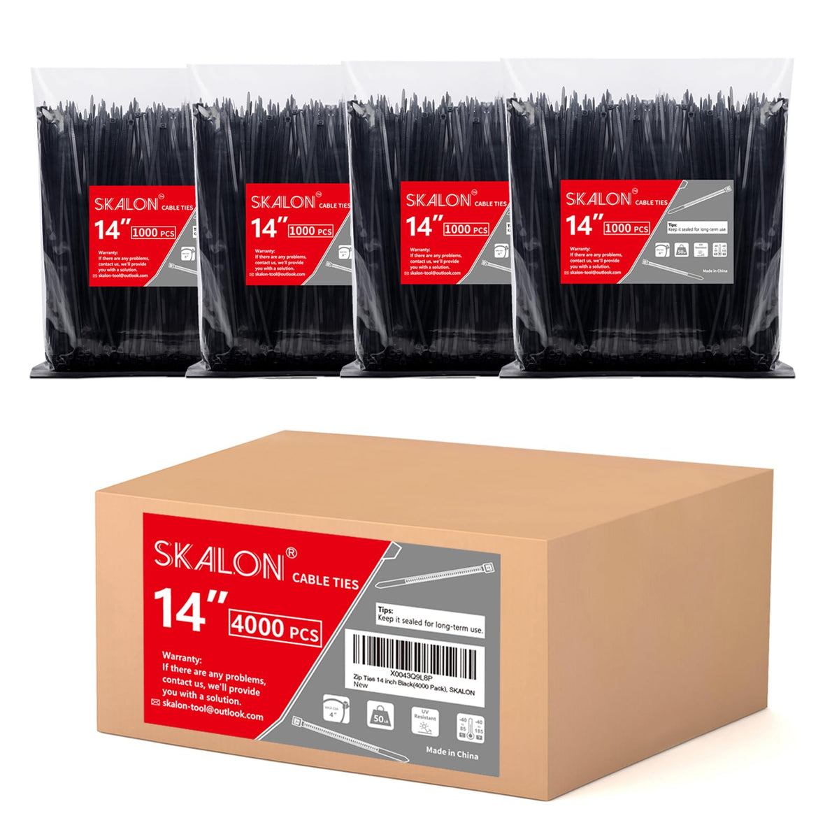 Zip Ties 8 inch (100 Pack), 40lbs Tensile Strength, Black Cable Ties, Wire Ties for indoor and outdoor use, by Skalon