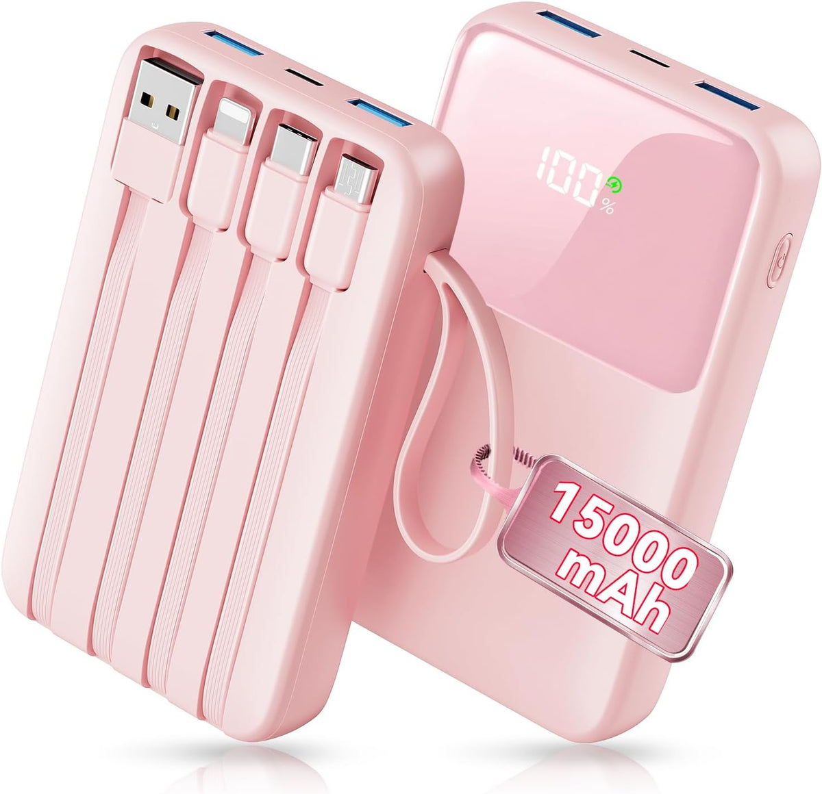 HELLEE 15000mAh Portable Charger Power Bank, 45% Smaller Built-in 4 Cables