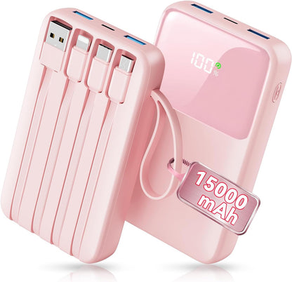HELLEE 15000mAh Portable Charger Power Bank, 45% Smaller Built-in 4 Cables