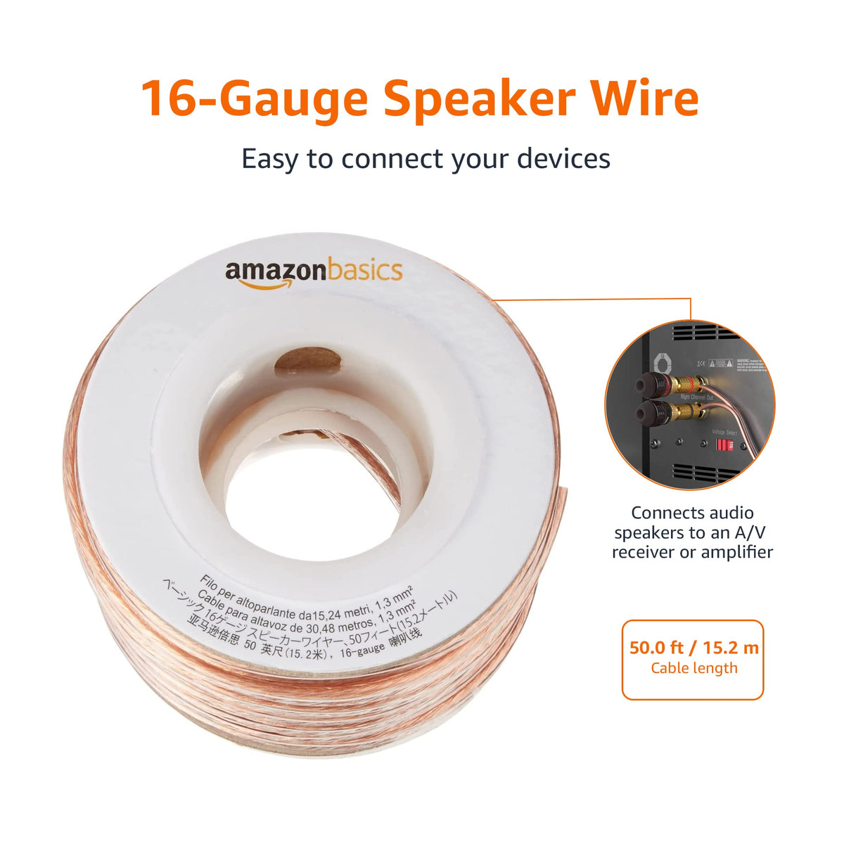 Amazon Basics 16-Gauge Speaker Wire Cable, Polarity Marked, 100 ft, Bronze