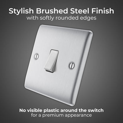 BG Electrical Single Wall Light Switch, 2 Way, Raised and Slim Profile, Round Edges, Nexus Metal, Brushed Steel, 20A, 16AX, NBS12