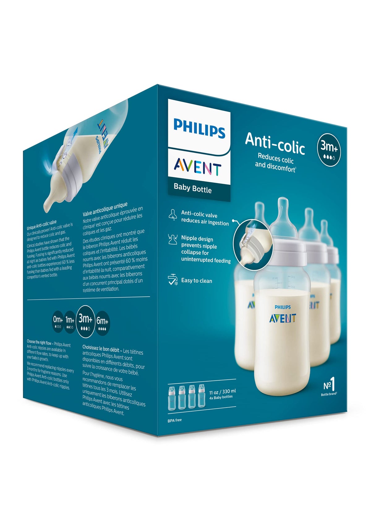 Philips Avent Anti-Colic Baby Bottle with AirFree Vent, Slow Flow, 4 oz