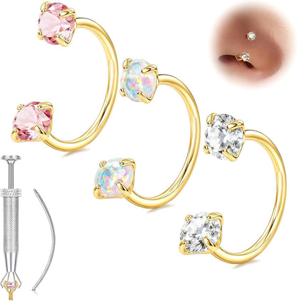 Horseshoe Nose Ring 20g 18g Gold Silver Opal CZ Double Gem Nose Rings Studs for Women Men 7mm 8mm Hypoallergenic Hoop Earrings Cartilage Helix Tragus Nostril Septum Daith Piercing Jewelry