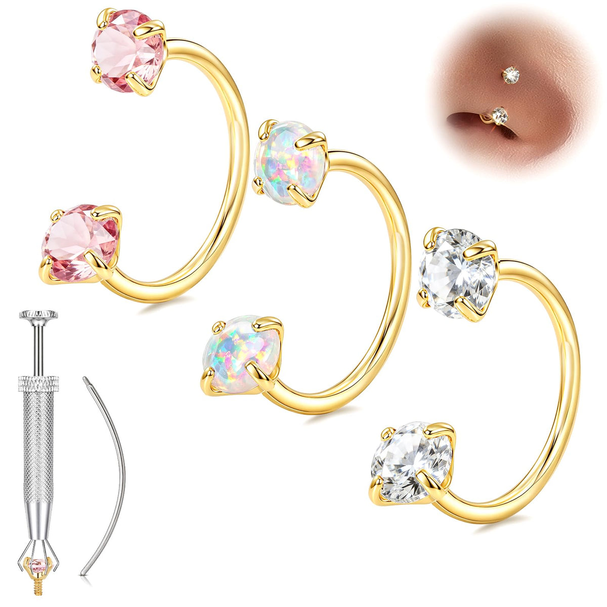 Horseshoe Nose Ring 20g 18g Gold Silver Opal CZ Double Gem Nose Rings Studs for Women Men 7mm 8mm Hypoallergenic Hoop Earrings Cartilage Helix Tragus Nostril Septum Daith Piercing Jewelry